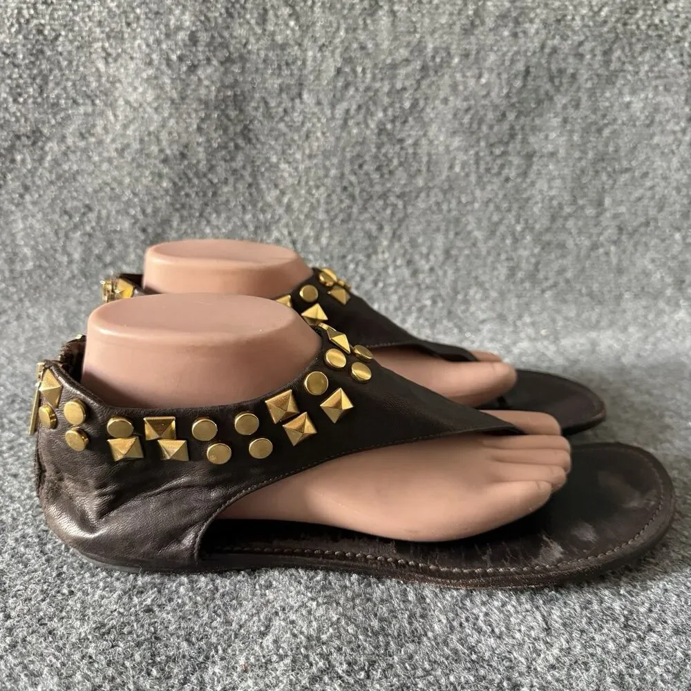Tory Burch Leather Studded Gladiator Sandal Thong Cuff Ankle Wrap Brown Size 10M